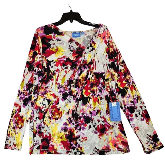NWT Blouse Simply Vera Womens XL Colorful Asymmetrical Knit Stretch Bold Festive - Picture 1 of 13